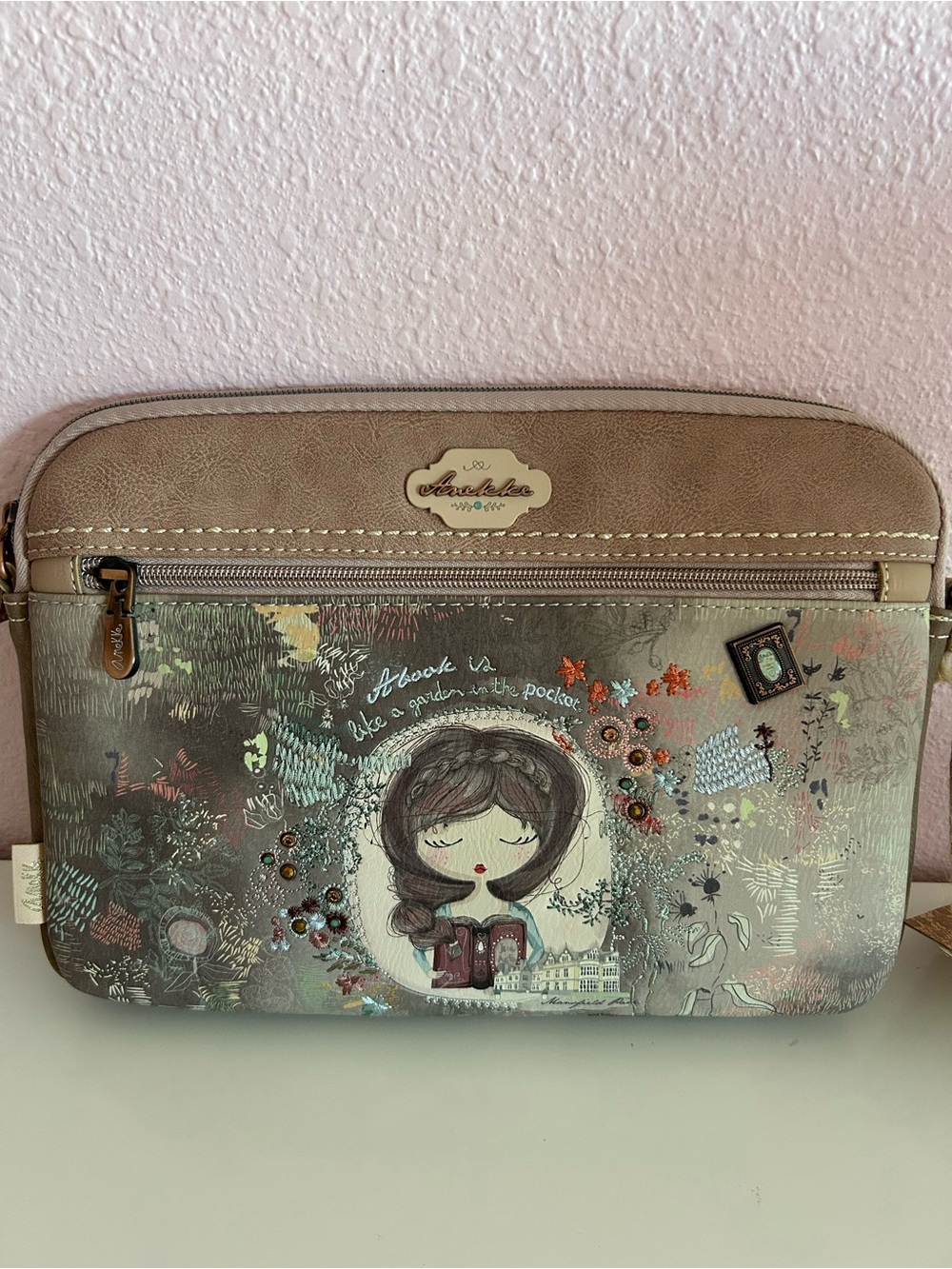 Anekke Taupe Illustrated Laptop Sleeve with Front Zipper Pocket
